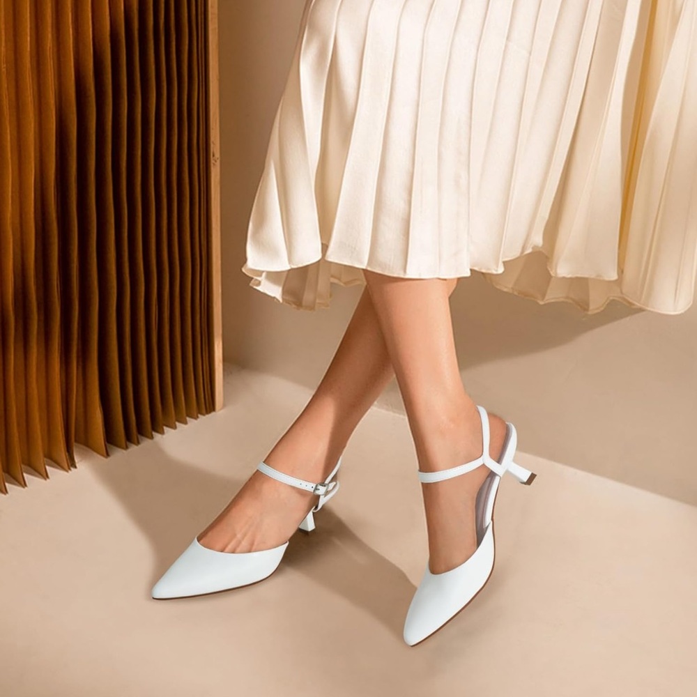 Elegant White Women's Slingback Heels, Gold buckle size 7, with box
